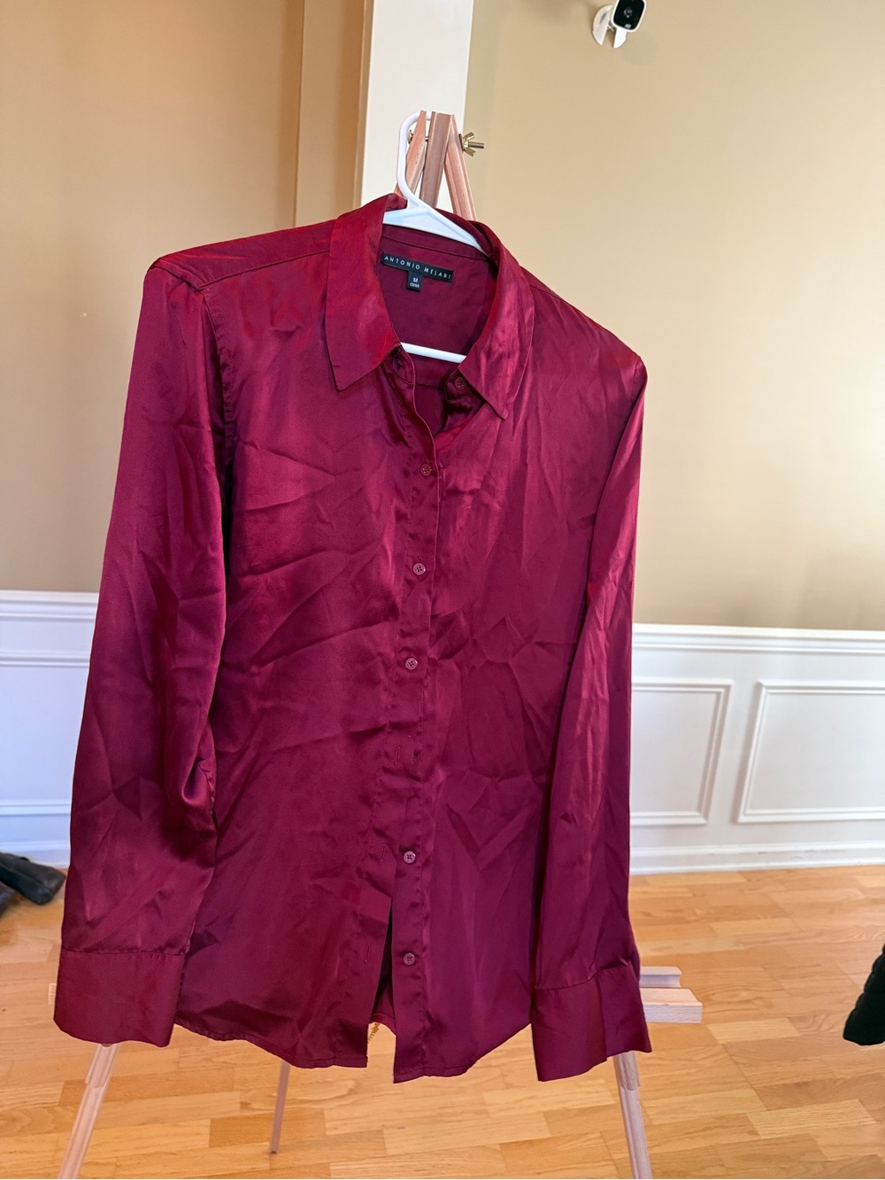 ANTONIO MELANI Burgundy Satin Button-Down Blouse